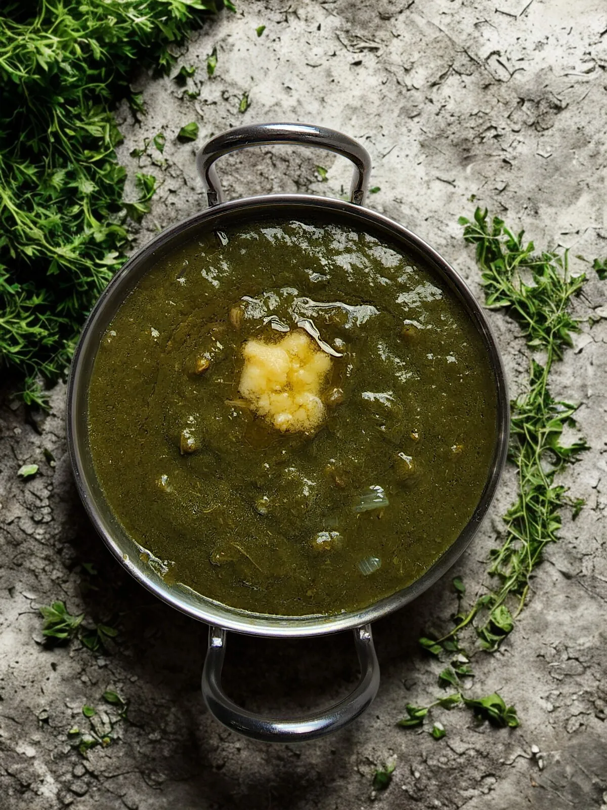Sarso Ka Saag in a dark steel kadhai with melting butter on a cracked earth surface with fresh herbs