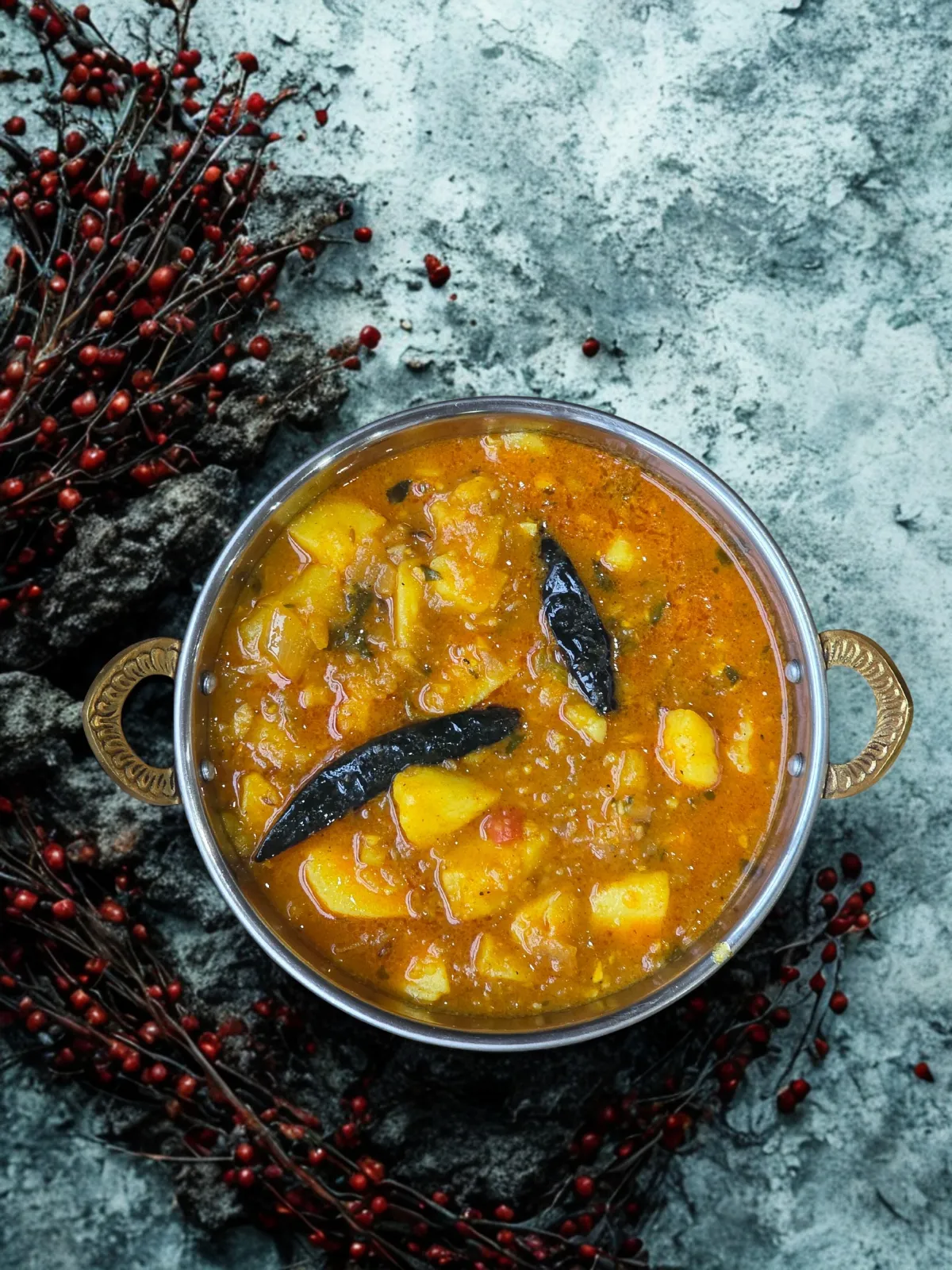 Aloo sabzi with dried chillies in a gold-handled kadhai on grey stone with red berry branches