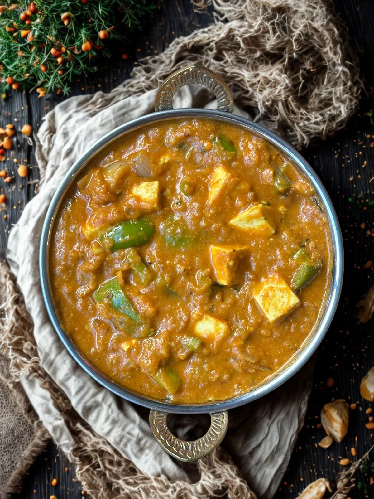 Kadhai paneer with capsicum in a dark kadhai on wooden surface with scattered whole spices